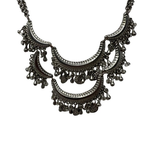 Statement Egyptian Necklace‎ Silver Tone Moon Shaped Stations with Hanging Beads - Picture 1 of 9